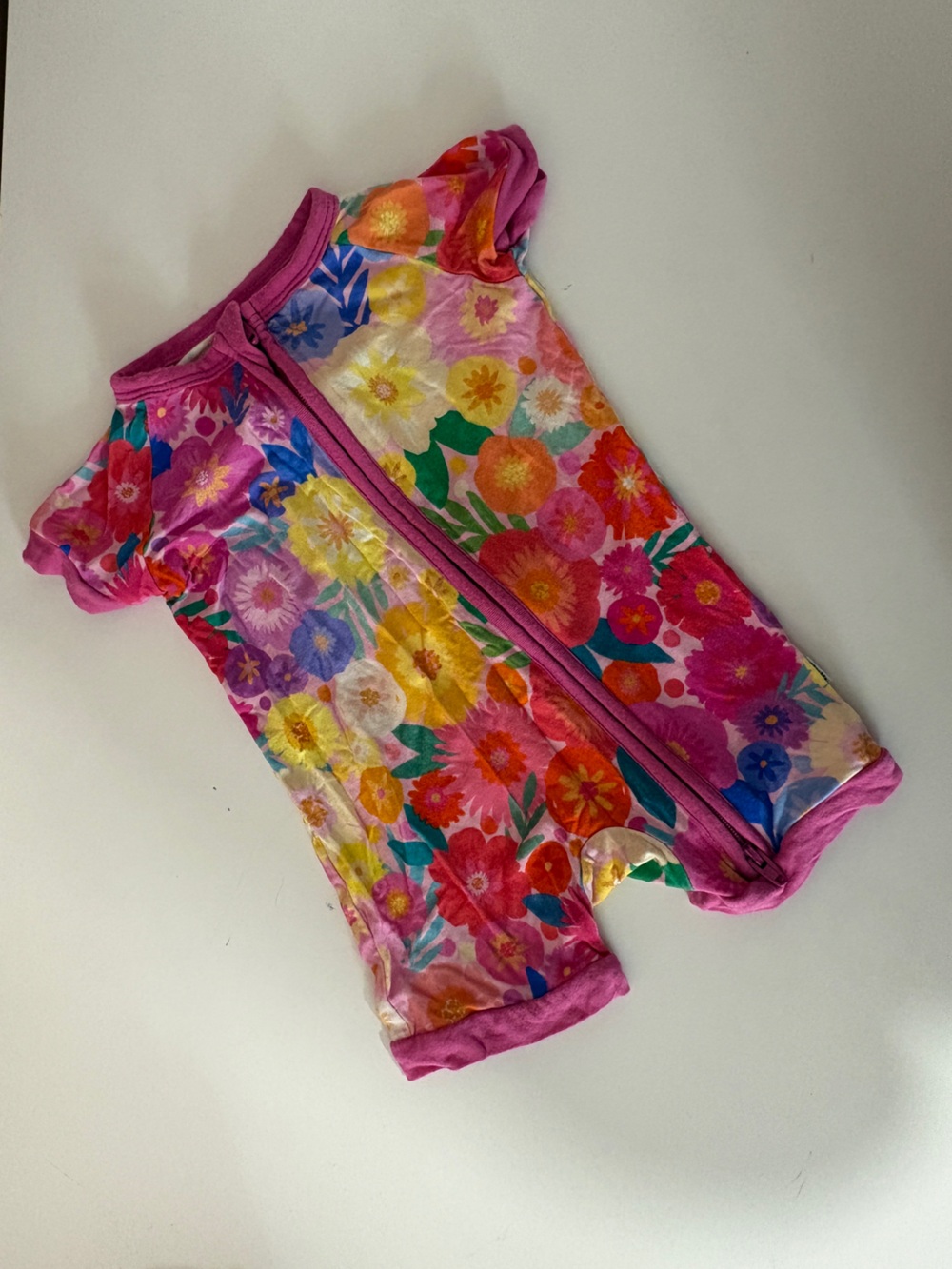 Little Sleepies Multicolor Floral Zip Romper with Pink Trim